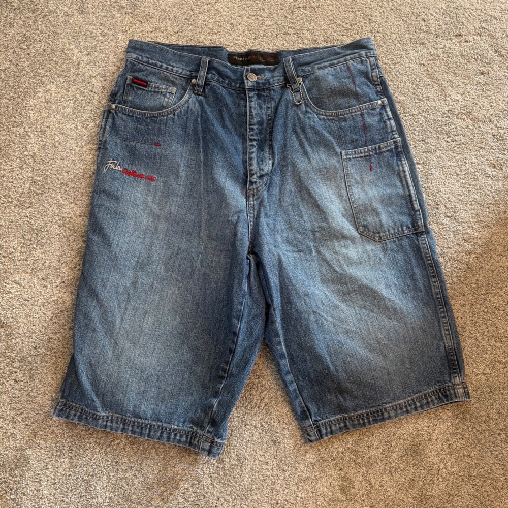 Y2K FUBU The Collection Mens Baggy Denim Jorts Shorts Blue Wash Vintage W36